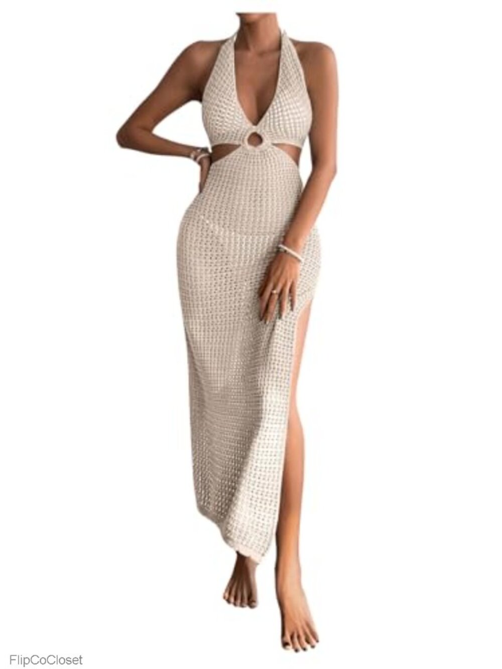 Crochet Maxi Dress Halter Backless Cover Up Sleeveless Beach Swim